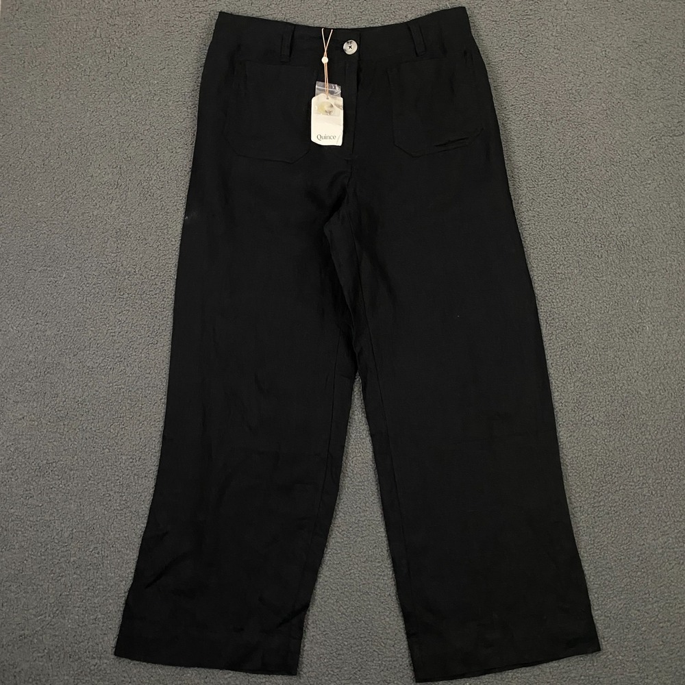 Quince 100% European Linen Patch Pocket Wide Leg Pants size 12 Black Minimal NEW